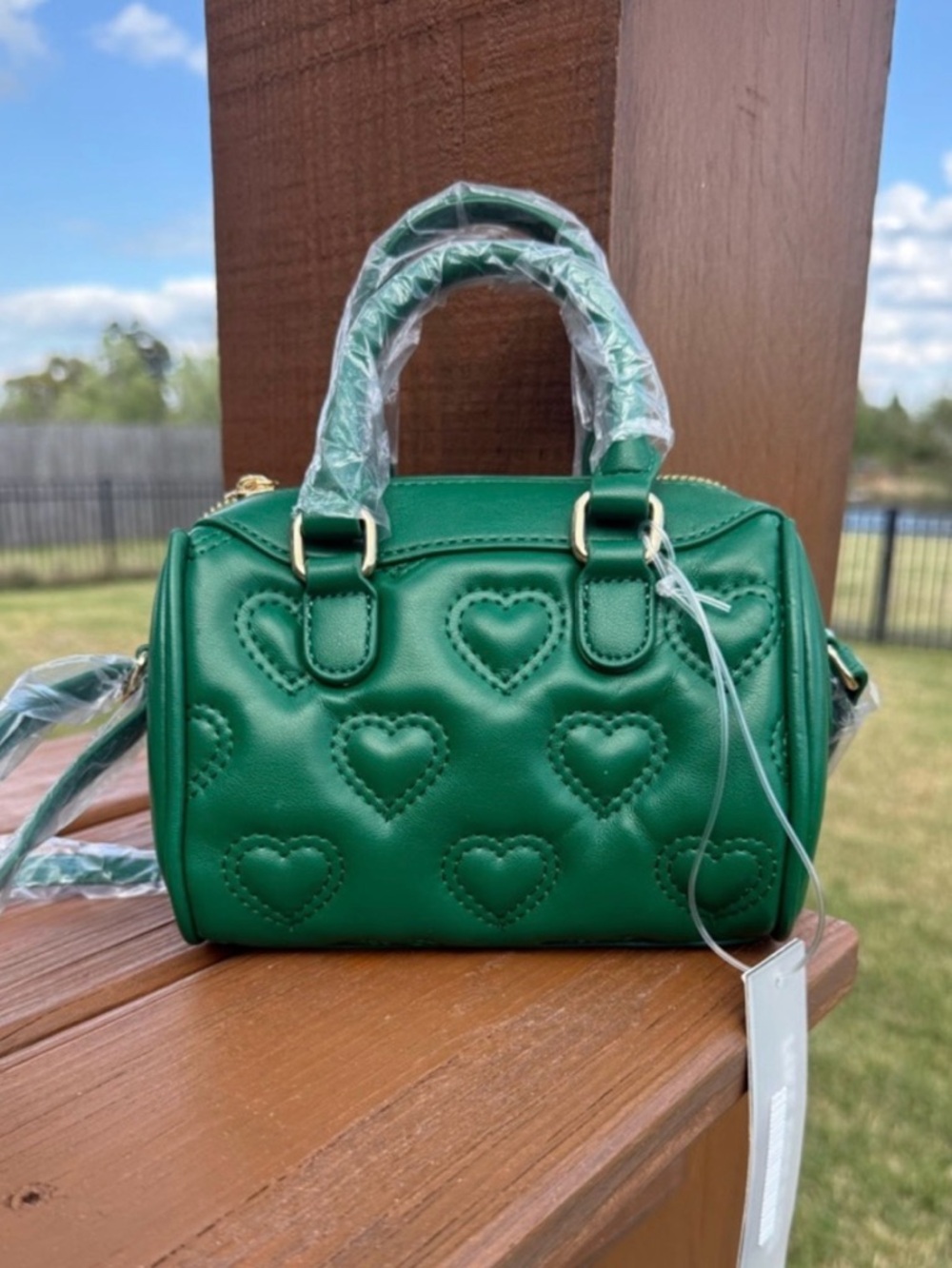 Green Heart-Embroidered Mini Satchel Bag NWT